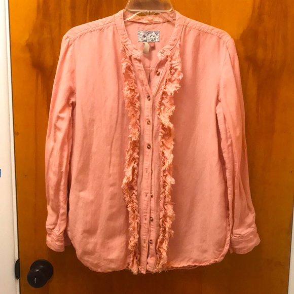 Pilcro Anthropologie Peachy Pink Placket Linen Ruffle Button Down Blouse Small - Picture 2 of 8